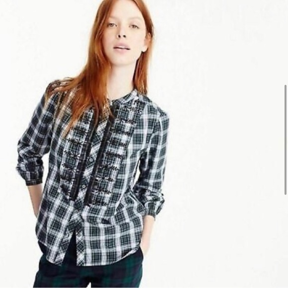 New J.CREW Embellished Tartan Plaid Shirt Blouse Green Sequin Beaded Snowflake - Picture 1 of 16